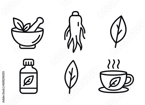 Herbal medicine icons: mortar, ginseng, leaves, bottle, tea cup symbols