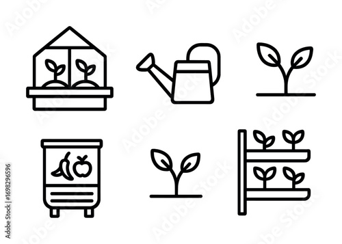 Gardening icons: greenhouse, watering can, compost bin, seedlings, and vertical planting