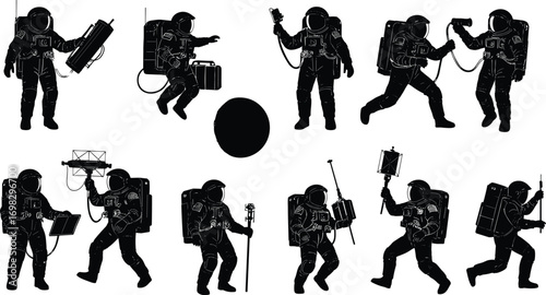 Astronaut silhouette collection with space equipment, moon exploration poses, cosmic science research, futuristic space suit, outer space mission.