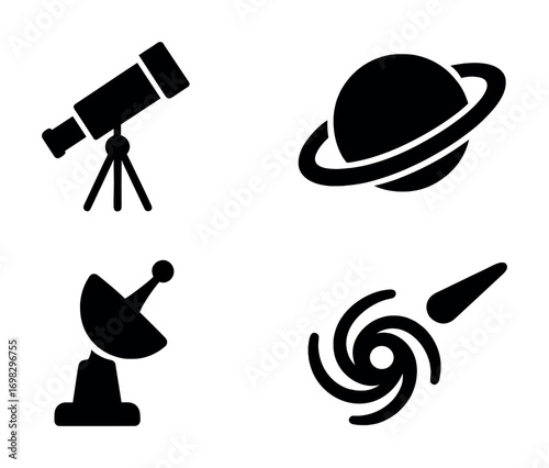 Space exploration icons: telescope, saturn, satellite dish, galaxy, and meteor silhouettes