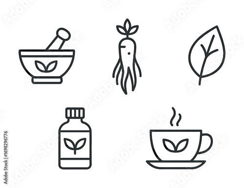 Herbal remedies icons set featuring mortar, ginseng, leaf, bottle, and tea