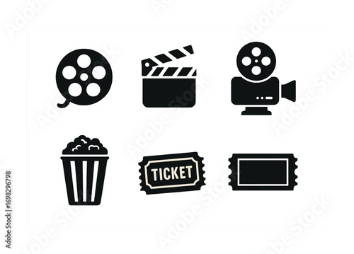 Cinema icons: film reel, clapperboard, projector, popcorn, tickets
