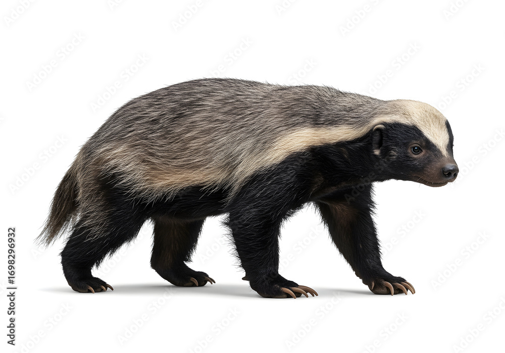Fototapeta premium Isolated honey badger walking on white background showing its distinct coloration, creating a striking contrast between its dark body and lighter back.
