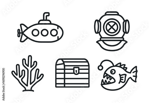 Underwater adventure icons: submarine, diving helmet, coral, treasure chest, anglerfish