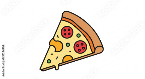Illustration of a pizza slice with pepperoni and olives, a popular and delicious fast food