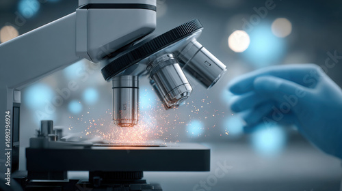AI microscope diagnosis laboratory research science technology lens biology healthcare glow with precision and focus under cool light