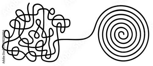tangled chaotic lines transforming into an ordered spiral, process of therapy, mindfulness, problem solving, stress management, clarity, organization, and personal growth in psychology and coaching
