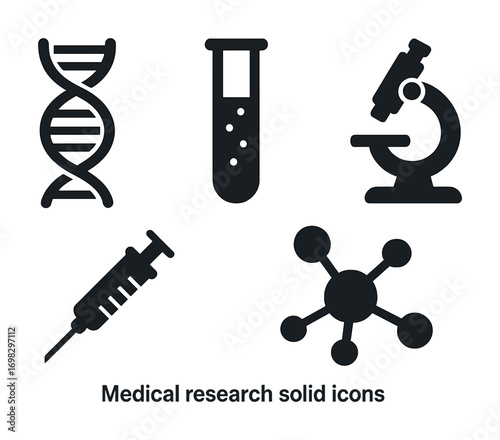 Medical research icons: dna helix, test tube, microscope, syringe, molecular structure