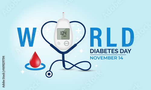 World Diabetes Day on November 14 promotes awareness on diabetes prevention, early detection, healthy living, treatment, and global support.Diabetes Test Machine with blood and Stethoscope icon vector