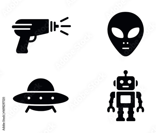Sci-fi icons: ray gun, alien face, ufo, robot silhouettes