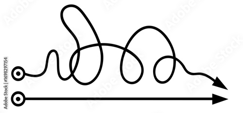 two paths to a goal with one tangled complex line and one straight arrow, choice between simple and difficult solutions, efficiency, strategy, decision making, business planning, problem solving