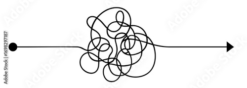 single path from start to goal passing through a tangled knot of lines, challenges, obstacles, confusion, problem solving, perseverance, resilience, journey toward success in psychology, business