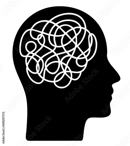 Anxiety and depression metaphor — tangled chaotic thoughts in human head symbolizing mental disorder and emotional confusion