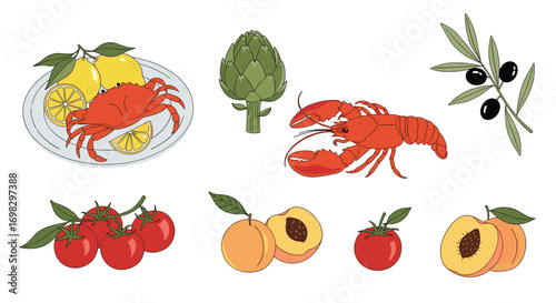 Fresh seafood and orchard fruits featuring lobster crab tomatoes artichoke lemons peaches and olives from mediterranean coast