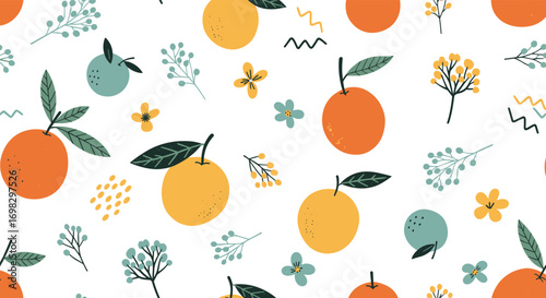 A cheerful citrus fruit pattern featuring oranges and delicate floral accents in a whimsical style
