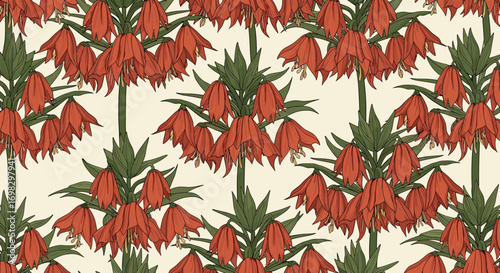 Elegant botanical pattern featuring crown imperial flowers in rich orange and deep green hues