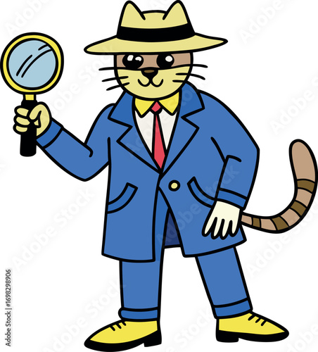 Charming cartoon cat detective in blue suit and fedora holding magnifying glass investigating mystery