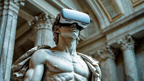 Sculpture of David Wearing a VR Headset in an Art Museum with Classical Architecture