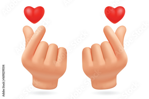 3D Mini Heart Hand Gesture Vector with Red Heart on White Background