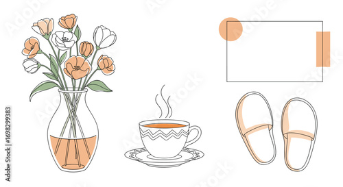 Cozy morning still life with flowers coffee and slippers featuring abstract shapes and pastel hues