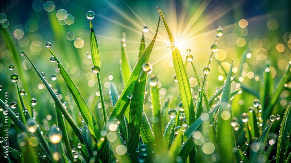 Fototapeta premium Dewdrops on Grass Blades with Sunburst water droplets.