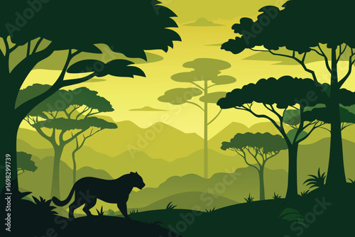 Silhouette of a Panther in a Grassy Savannah with Trees and Distant Mountains