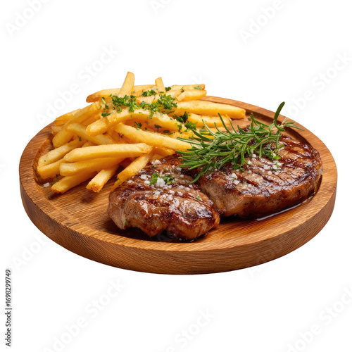 Grilled steak and french fries on a wooden plate