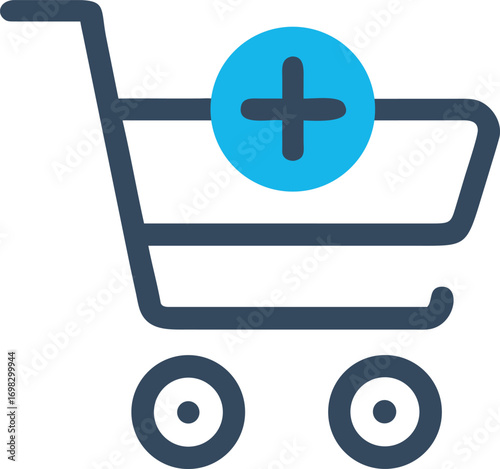 Shopping cart icon with a blue circle and plus symbol for adding items online or e-commerce