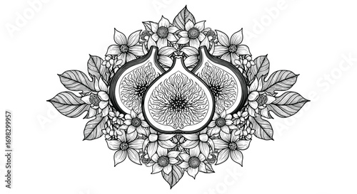 Exquisite fig illustration with floral accents and intricate detailing
