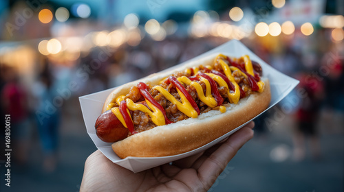 Street food hot dog served in paper tray, ketchup and mustard drizzle, held in hand at outdoor fair, blurred background of street market.