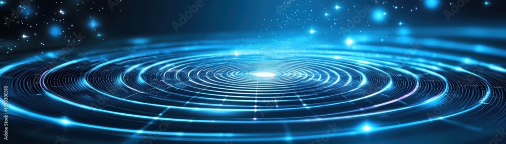 Fototapeta premium A mesmerizing digital image depicting concentric circles of light, creating a sense of movement and depth in a vibrant blue background.