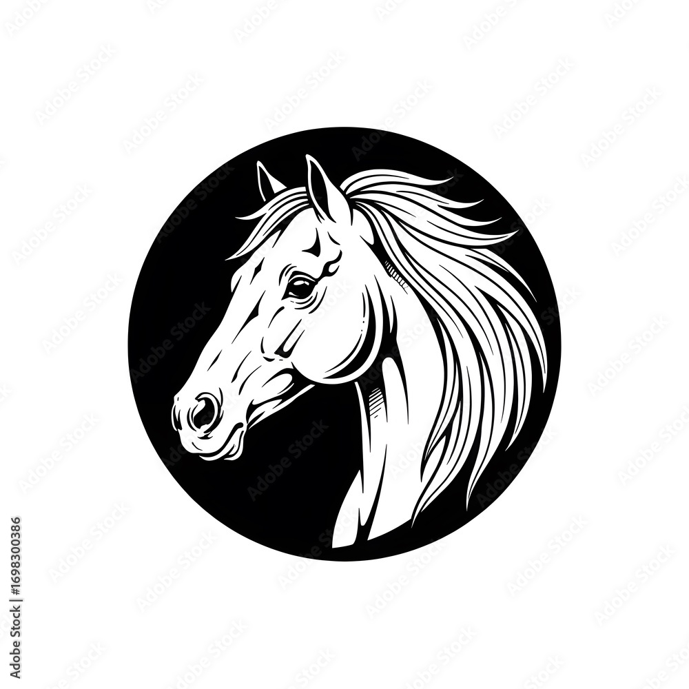 Fototapeta premium Elegant Horse Head Portrait in Black and White Circle Graphic Design Illustration