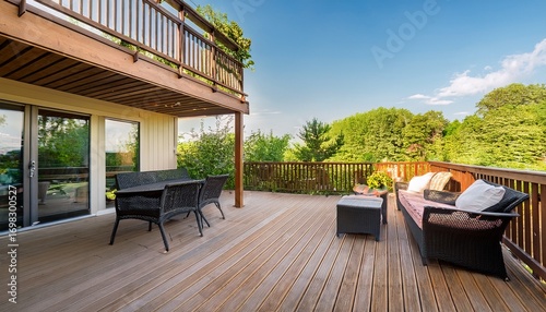 sun drenched outdoor deck with patio furniture and lush greenery