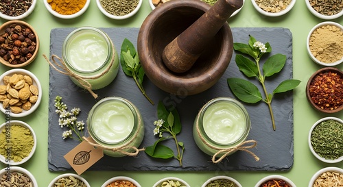 Ayurvedic sleep rituals herbal creams and spices in bowls with mortar and pestle