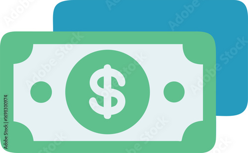 Green dollar bill and blue wallet icon representing financial wealth and secure savings for online transactions