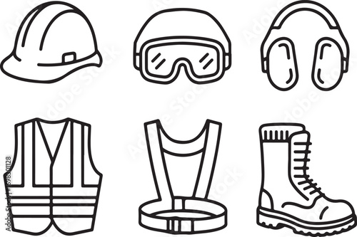 Collection of safety gear icons including hard hat goggles headphones vest harness and boot isolated on white background