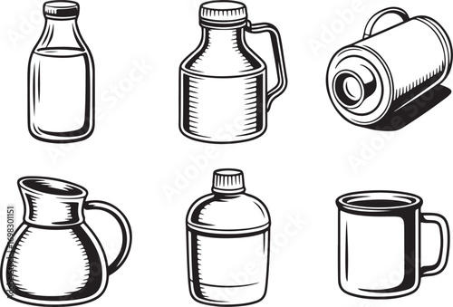 Collection of hand drawn beverage containers including bottles and mugs isolated on white background