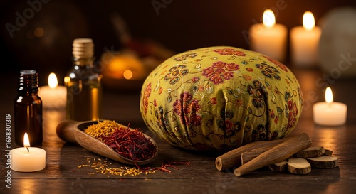 Ayurvedic sleep rituals aromatherapy setup with essential oils and spices
