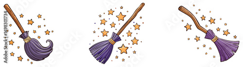 Set of three witches brooms with stars, cartoon halloween clipart, isolated 