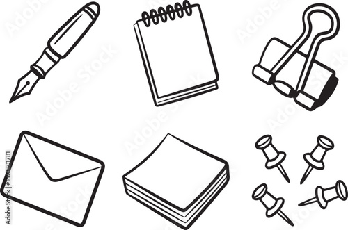 Collection of hand drawn office supplies including a pen notebook binder clip envelope and push pins isolated on white background