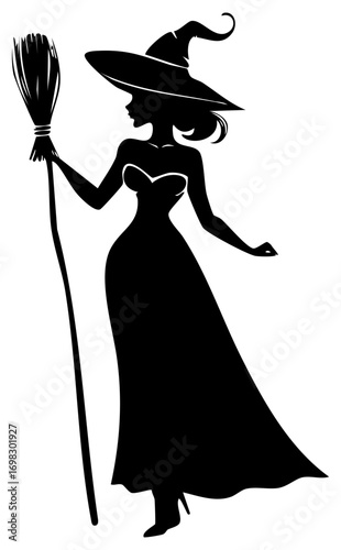 Silhouette of a glamorous witch holding a broomstick, isolated 