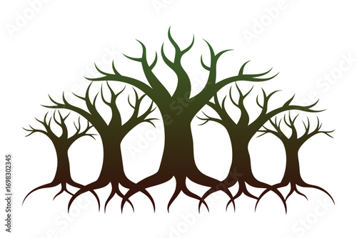 Stylized GreenBrown Trees with Bare Branches and Root System Illustration Isolated on White