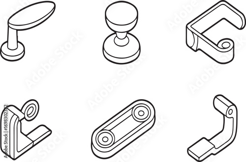 Collection of six isometric hardware components isolated on white background
