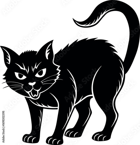Fearsome black cat with spooky halloween vibes standing arched with intense stare