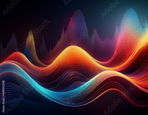 dynamic sound wave representations with fluid forms and a contrast of colors creating a modern abstract aesthetic ideal for music and audio related projects