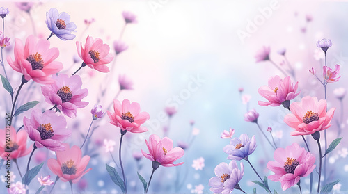 Pink and Purple Floral Pattern on Soft Blue Background for Spring Garden or Nature Design