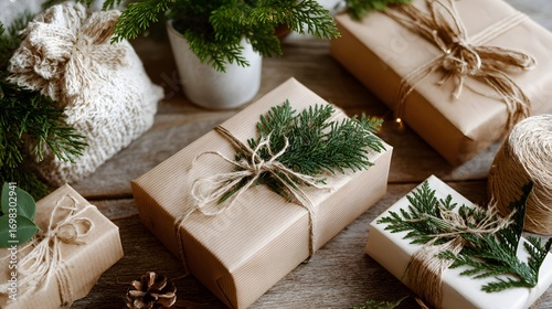 Rustic eco-friendly Christmas gifts wrapped in kraft paper with twine and greenery — perfect for holiday blog post, sustainable living guide