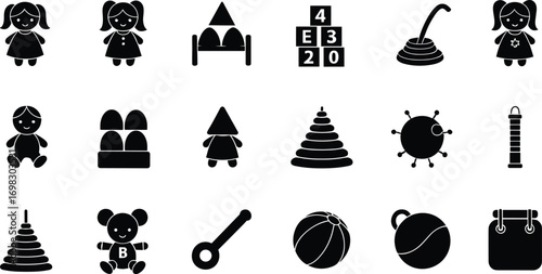 Children toys silhouette set, baby doll icons, blocks, balls, rattles, educational toys, flat design elements for kids products