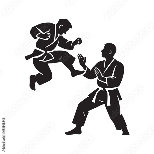 Two Karate Masters in Black Silhouettes Demonstrating Advanced Fighting Techniques and Martial Arts Skills on White Background for Sport and Fitness Enthusiasts