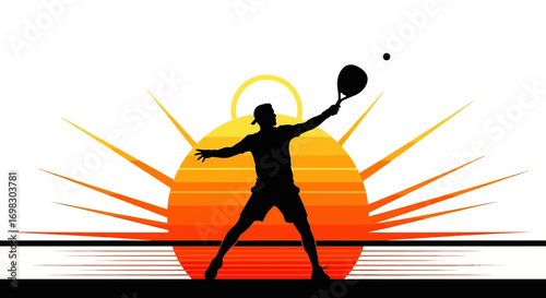 Silhouette of a male tennis player hitting a ball at sunset with bright sun rays emanating outwards creating a vibrant and energetic sporting scene